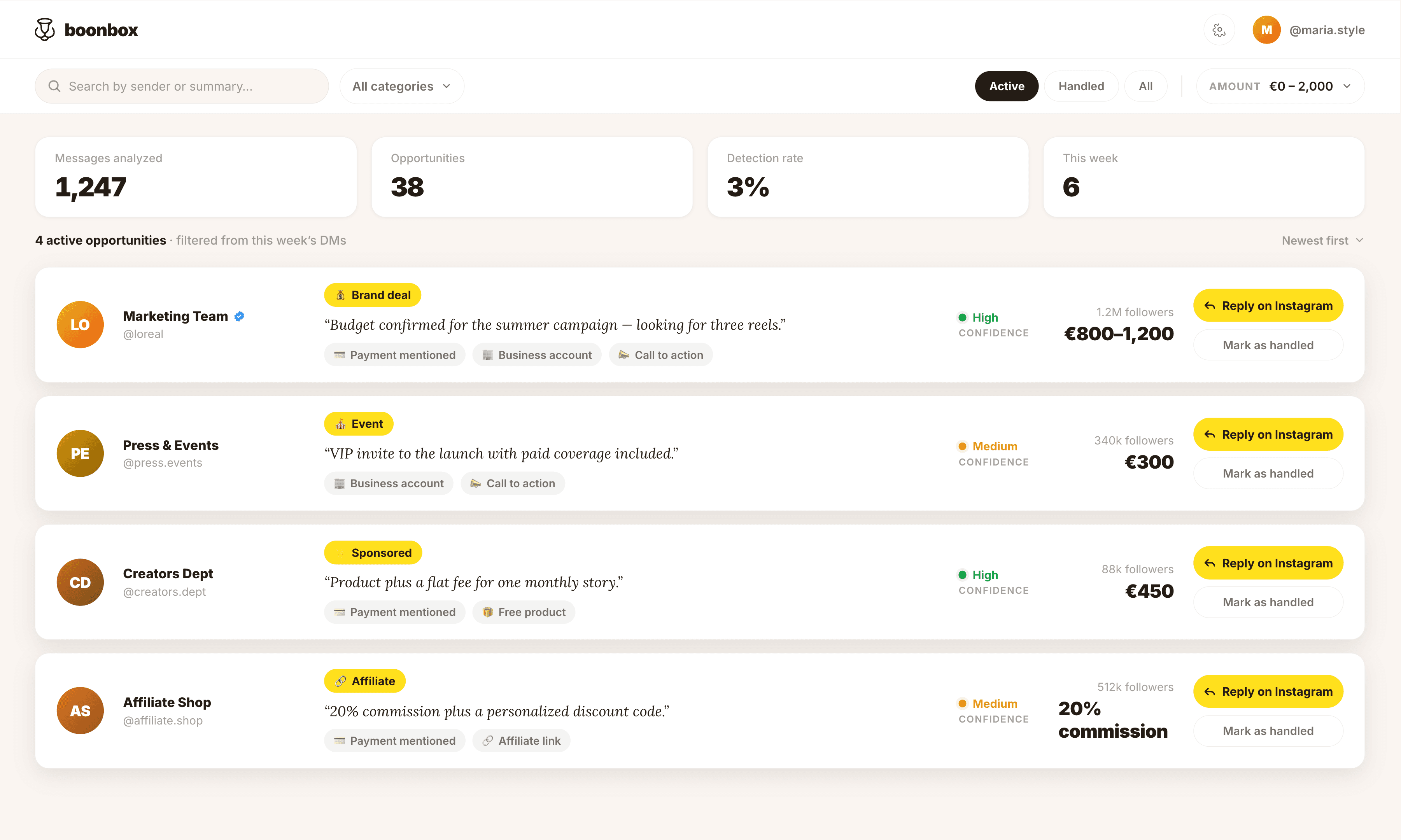 Your opportunities dashboard: every paying collaboration, sorted and ready — the noise already filtered out.
